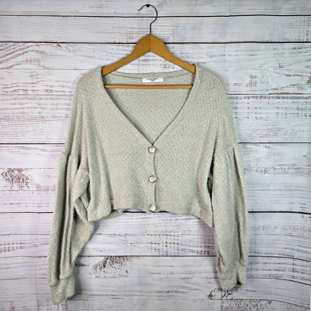 Project Social T Cropped Balloon Sleeve Button Cardigan Sweater Medium